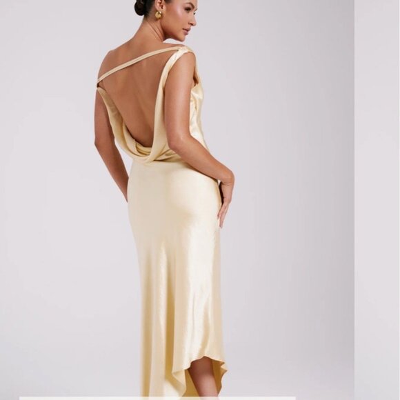 Meshki Dresses & Skirts - Meshki Satin Asymmetrical Slip Dress in Pale Gold